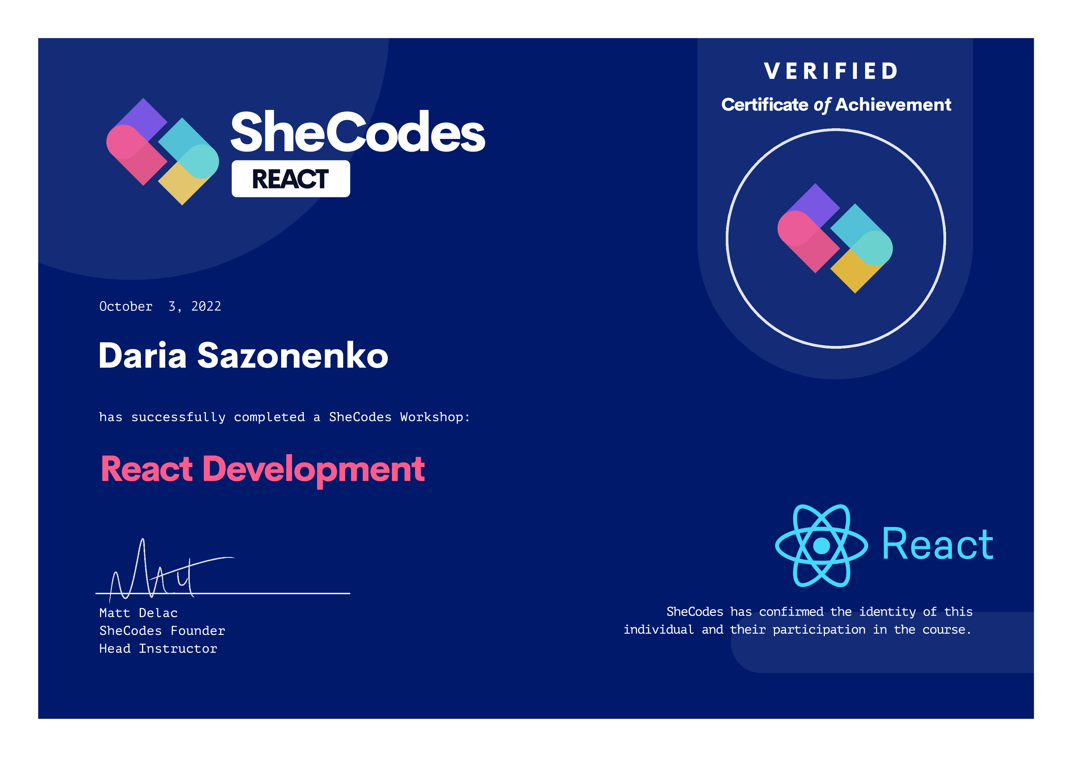 Certificate SheCodes React