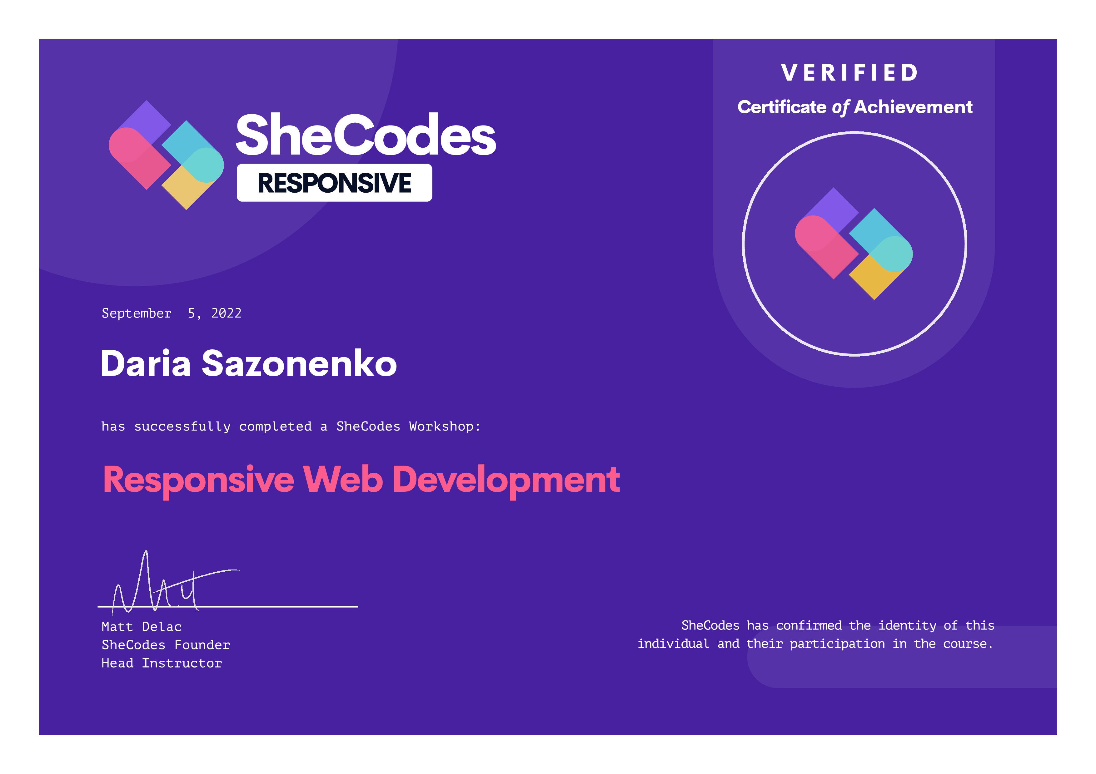 Certificate SheCodes Plus